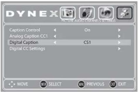 DYNEX PIR-TRIP AUDIO-TANNELS SETTINGS Caption Control On Analog Caption CC1 Digital Caption CS1 Digital CC Settings MOVE ANIF SELECT OPEN PREVIOUS EXIT EXIT