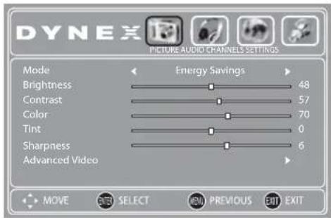 DYNEX PICTURE AUDIO CHANNELS SETTINGS Mode Energy Savings Brightness 48 Contrast 57 Color 70 Tint 0 Sharpness 6 Advanced Video MOVE SET SELECT IBM PREVIOUS EXIT EXIT