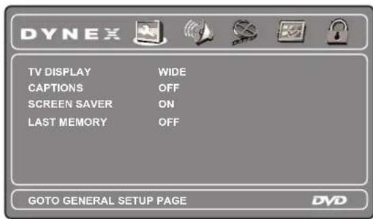 DYNEX TV DISPLAY WIDE CAPTIONS OFF SCREEN SAVER ON LAST MEMORY OFF GOTO GENERAL SETUP PAGE DVD