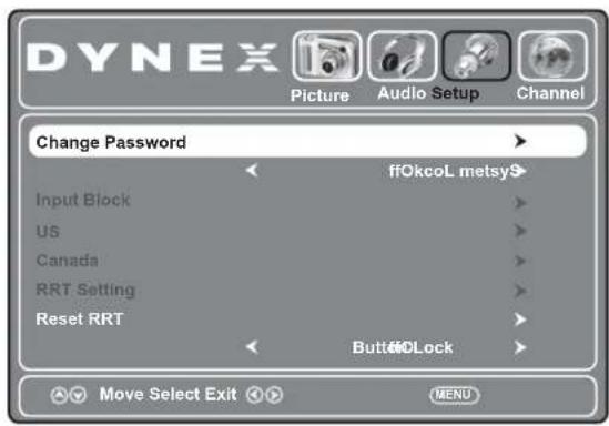 DYNEX Picture Audio Setup Channel Change Password ffOkcoL metsy$ Input Block US Canada RRT Setting Reset RRT ButtonLock Move Select Exit MENU