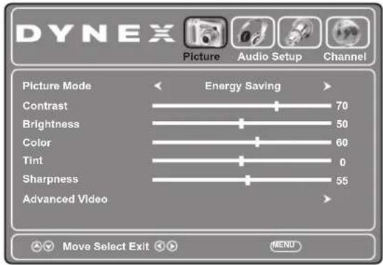 DYNEX Picture Audio Setup Channel Picture Mode Energy Saving Contrast 70 Brightness 50 Color 60 Tint 0 Sharpness 55 Advanced Video Move Select Exit MENU