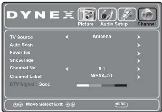 DYNEX Picture Audio Setup Channel TV Source Antenna Auto Scan Favorites Show/Hide Channel No. 8.1 Channel Label WFAA-DT DTV Signal : Good Move Select Exit MENU