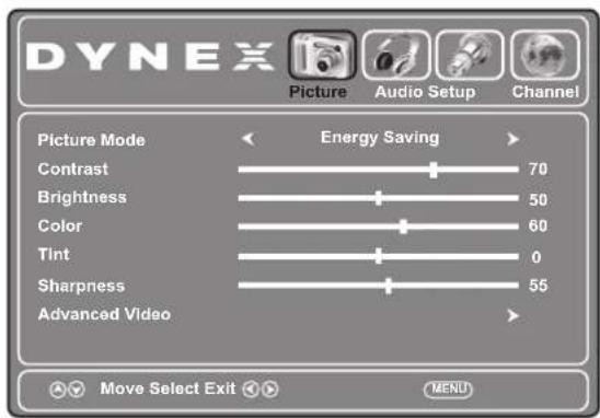 DYNEX Picture Audio Setup Channel Picture Mode Energy Saving Contrast 70 Brightness 50 Color 60 Tint 0 Sharpness 55 Advanced Video Move Select Exit MENU