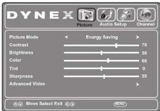 DYNEX Picture Audio Setup Channel Picture Mode Energy Saving Contrast 70 Brightness 50 Color 60 Tint 0 Sharpness 55 Advanced Video Move Select Exit MENU