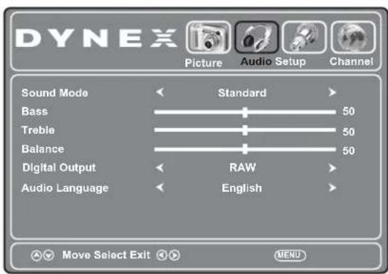 DYNEX Picture Audio Setup Channel Sound Mode Standard Bass 50 Treble 50 Balance 50 Digital Output RAW Audio Language English Move Select Exit MENU