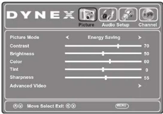 DYNEX Picture Audio Setup Channel Picture Mode ← Energy Saving > Contrast 70 Brightness 50 Color 60 Tint 0 Sharpness 55 Advanced Video > Move Select Exit MENU