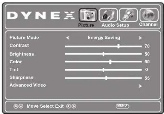 DYNEX Picture Audio Setup Channel Picture Mode Energy Saving Contrast 70 Brightness 50 Color 60 Tint 0 Sharpness 55 Advanced Video Move Select Exit MENU