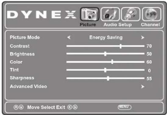 DYNEX Picture Audio Setup Channel Picture Mode Energy Saving Contrast 70 Brightness 50 Color 60 Tint 0 Sharpness 55 Advanced Video Move Select Exit MENU