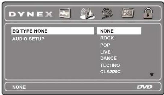 DYNEX EQ TYPE NONE NONE AUDIO SETUP ROCK POP LIVE DANCE TECHNO CLASSIC NONE DVD