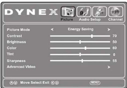 DYNEX Picture Audio Setup Channel Picture Mode Energy Saving Contrast 70 Brightness 50 Color 60 Tint 0 Sharpness 55 Advanced Video Move Select Exit MENU