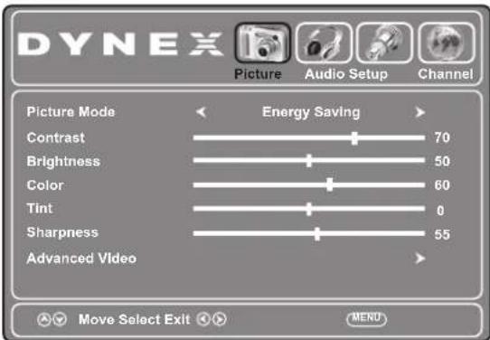 DYNEX Picture Audio Setup Channel Picture Mode Energy Saving Contrast 70 Brightness 50 Color 60 Tint 0 Sharpness 55 Advanced Video Move Select Exit MENU
