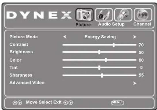 DYNEX Picture Audio Setup Channel Picture Mode Energy Saving Contrast 70 Brightness 50 Color 60 Tint 0 Sharpness 55 Advanced Video Move Select Exit MENU