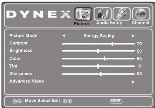 DYNEX Picture Audio Setup Channel Picture Mode Energy Saving Contrast 70 Brightness 50 Color 60 Tint 0 Sharpness 55 Advanced Video Move Select Exit MENU