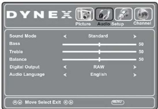 DYNEX Picture Audio Setup Channel Sound Mode Standard Bass 50 Treble 50 Balance 50 Digital Output RAW Audio Language English Move Select Exit MENU