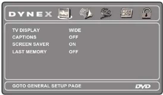 DYNEX TV DISPLAY WIDE CAPTIONS OFF SCREEN SAVER ON LAST MEMORY OFF GOTO GENERAL SETUP PAGE DVD