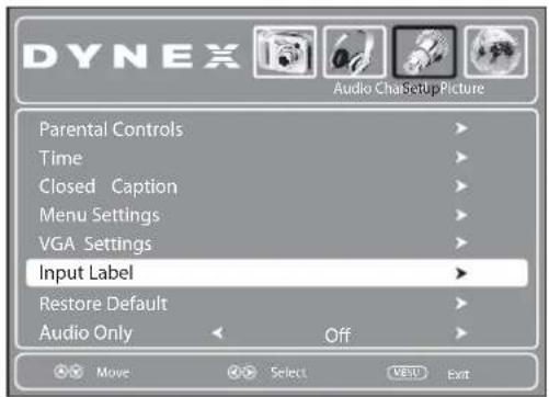 DYNEX Audio Cha Setup Picture Parental Controls Time Closed Caption Menu Settings VGA Settings Input Label Restore Default Audio Only Off Move Select Exit