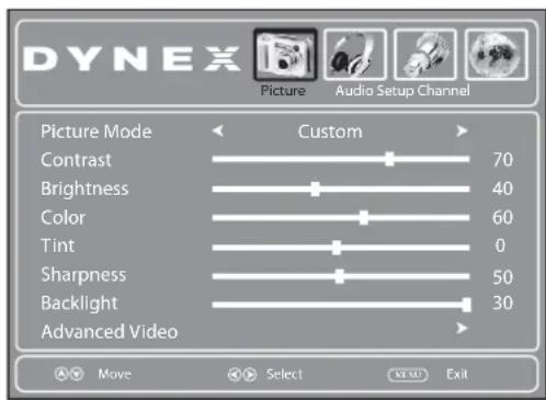 DYNEX Picture Audio Setup Channel Picture Mode Custom Contrast 70 Brightness 40 Color 60 Tint 0 Sharpness 50 Backlight 30 Advanced Video Move Select NEU Exit