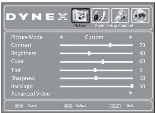 DYNEX Picture Audio Setup Channel Picture Mode Custom Contrast 70 Brightness 40 Color 60 Tint 0 Sharpness 50 Backlight 30 Advanced Video Move Select MENU Exit