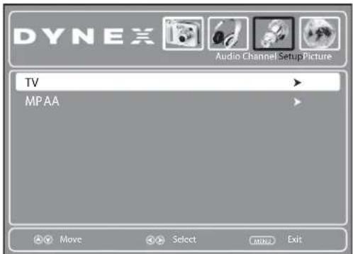 DYNEX Audio Channel Setup Picture TV MP AA Move Select Exit