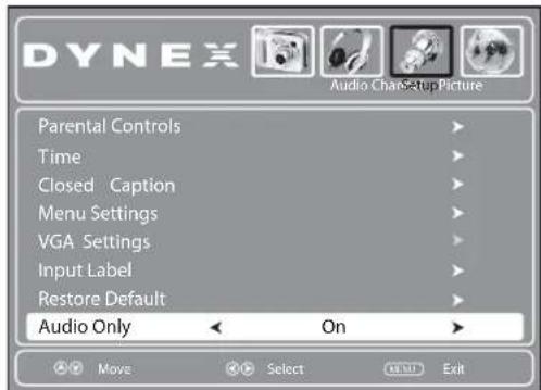 DYNEX Audio ChaoSetupPicture Parental Controls Time Closed Caption Menu Settings VGA Settings Input Label Restore Default Audio Only On Move Select Exit