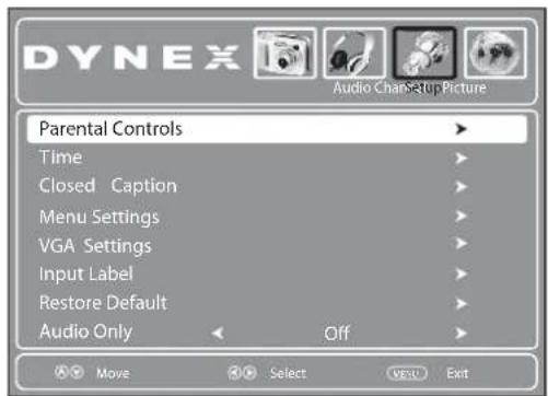 DYNEX Audio ChanSetupPicture Parental Controls Time Closed Caption Menu Settings VGA Settings Input Label Restore Default Audio Only Off Move Select VESU Exit