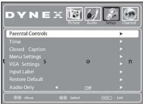 DYNEX Picture Audio Setup Channel Parental Controls Time Closed Caption Menu Settings VGA Settings o n Input Label Restore Default Audio Only Off Move Select None Exit