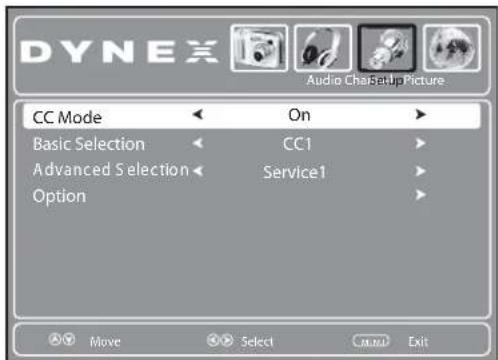 DYNEX Audio ChaSetupPicture CC Mode On Basic Selection CC1 Advanced Selection Service1 Option