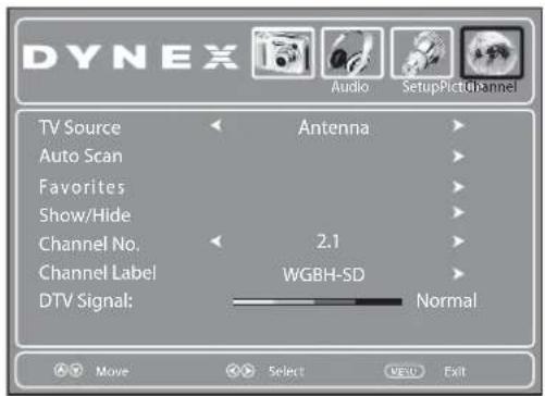DYNEX Audio SetupPictubannel TV Source Antenna Auto Scan Favorites Show/Hide Channel No. 2.1 Channel Label WGBH-SD DTV Signal: Normal Move Select CEU Exit