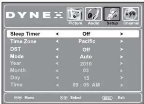 DYNEX Picture Audio Setup Channel Sleep Timer Off Time Zone Pacific DST Off Mode Auto Year 2010 Month 03 Day 15 Time 09:05 AM Move Select MENU Exit