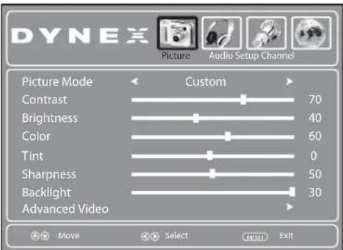 DYNEX Picture Audio Setup Channel Picture Mode Custom Contrast 70 Brightness 40 Color 60 Tint 0 Sharpness 50 Backlight 30 Advanced Video Move Select OK Exit
