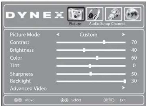 DYNEX Picture Audio Setup Channel Picture Mode Custom Contrast 70 Brightness 40 Color 60 Tint 0 Sharpness 50 Backlight 30 Advanced Video Move Select MENU Exit