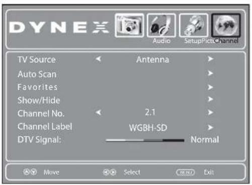 DYNEX Audio SetupPict Channel TV Source Antenna Auto Scan Favorites Show/Hide Channel No. 2.1 Channel Label WGBH-SD DTV Signal: Normal Move Select Exit