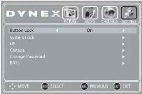 DYNEX PICTURE AUDIO CHANNELS SETTINGS Button Lock On System Lock US Canada Change Password RRTS MOVE SELECT NEW PREVIOUS EXIT EXIT