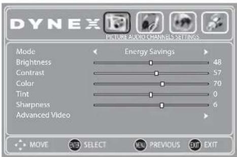 DYNEX PICTURE AUDIO CHANNELS SETTINGS Mode Energy Savings Brightness 48 Contrast 57 Color 70 Tint 0 Sharpness 6 Advanced Video MOVE EAST SELECT NEW PREVIOUS EXIT EXIT