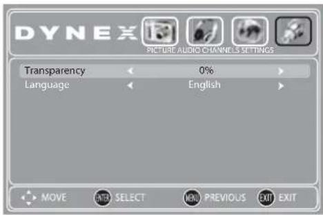 DYNEX PICTURE AUDIO CHANNELS SETTINGS Transparency 0% Language English MOVE ENTER SELECT MENU PREVIOUS EXIT EXIT