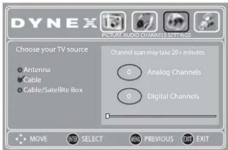 DYNEX PICTURE AUDIO CHANNELS SETTINGS Choose your TV source Antenna Cable Cable/Satellite Box Channel scan may take 20+ minutes Analog Channels Digital Channels MOVE BACK SELECT NEW PREVIOUS EXIT EXIT