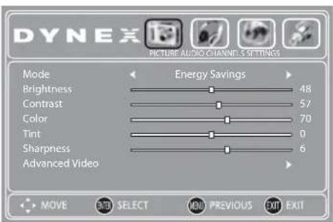 DYNEX PICTURE AUDIO CHANNELS SETTINGS Mode Brightness 48 Contrast 57 Color 70 Tint 0 Sharpness 6 Advanced Video Energy Savings MOVE NEW SELECT MORE PREVIOUS EXIT EXIT