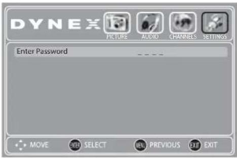 DYNEX PIRETURE AUDIO CHANNELS SETTINGS Enter Password MOVE INSERT SELECT NEW PREVIOUS EXIT EXIT