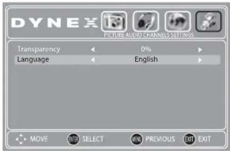 DYNEX FEATURE AUDIO CHANNELS SETTINGS Transparency 0% Language English MOVE BEST SELECT NEW PREVIOUS EXIT EXIT