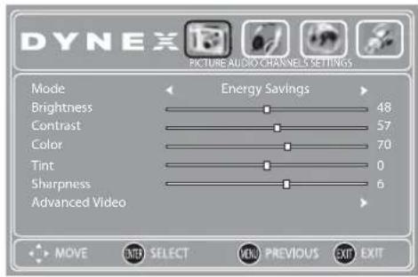 DYNEX PIKTURE AUDIO CHANNELS SETTINGS Mode Energy Savings Brightness 48 Contrast 57 Color 70 Tint 0 Sharpness 6 Advanced Video MOVE ENTER SELECT MENU PREVIOUS EXIT EXIT