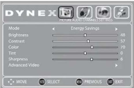 DYNEX PICTURE AUDIO CHANNELS SETTINGS Mode Brightness Contrast Color Tint Sharpness Advanced Video Energy Savings 48 57 70 0 6 MOVE SELECT MANUAL PREVIOUS EXIT EXIT