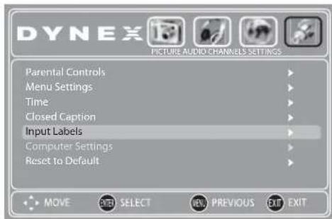 DYNEX PICTURE AUDIO CHANNELS SETTINGS Parental Controls Menu Settings Time Closed Caption Input Labels Computer Settings Reset to Default MOVE INT SELECT VIEW PREVIOUS EXIT EXIT