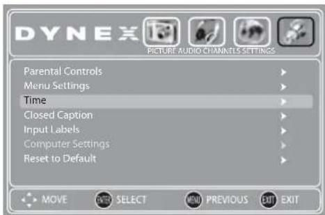 DYNEX PICTURE AUDIO CHANNELS SETTINGS Parental Controls Menu Settings Time Closed Caption Input Labels Computer Settings Reset to Default MOVE ENTER SELECT MENU PREVIOUS EXIT EXIT