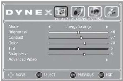 DYNEX PICTURE AUDIO ETMANELS SETTINGS Mode Brightness Contrast Color Tint Sharpness Advanced Video Energy Savings 48 57 70 0 6 MOVE RED SELECT NEW PREVIOUS EXIT EXIT
