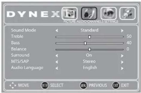 DYNEX PICTURE AUDIO CHANNELS SETTINGS Sound Mode Treble Bass Balance Surround MTS/SAP Audio Language Standard 50 40 0 On Stereo English MOVE ENTER SELECT OPEN PREVIOUS EXIT EXIT