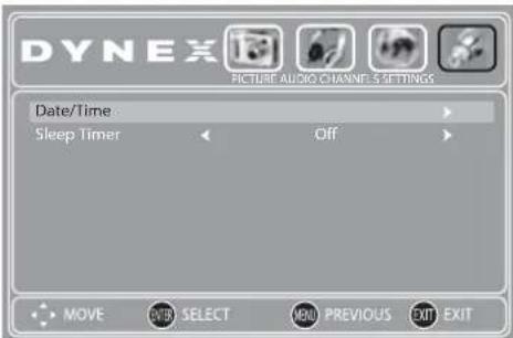 DYNEX PICTURE AUDIO CHANNELS SETTINGS Date/Time : Sleep Timer Off MOVE ENTER SELECT MAIN PREVIOUS EXIT EXIT