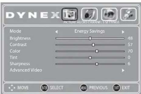 DYNE PICTURE AUDIO CHANNEL SETTINGS Mode Energy Savings Brightness 48 Contrast 57 Color 70 Tint 0 Sharpness 6 Advanced Video MOVE NEW SELECT NEW PREVIOUS EXIT EXIT