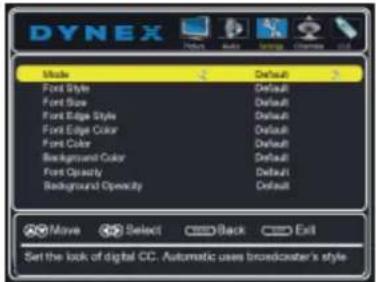 Dynex Mode Default Font Style Default Font Size Default Font Edge Style Default Font Edge Color Default Font Color Default Background Color Default Font Objecty Default Background Objecty Default Move Select Back Exit Set the lock of digital CC. Automatic uses broadcaster's style