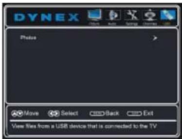 Dynex Status Move Select Back Exit View files from a USB device that is connected to the TV