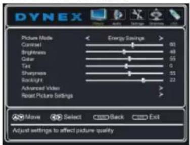 DYNEX Picture Mode Control Brightness Color Tet Sharpness Backlight Advanced Video Reset Picture Settings Energy Settings 90 48 55 0 55 22 Move Select Back Exit Adjust settings to affect picture quality